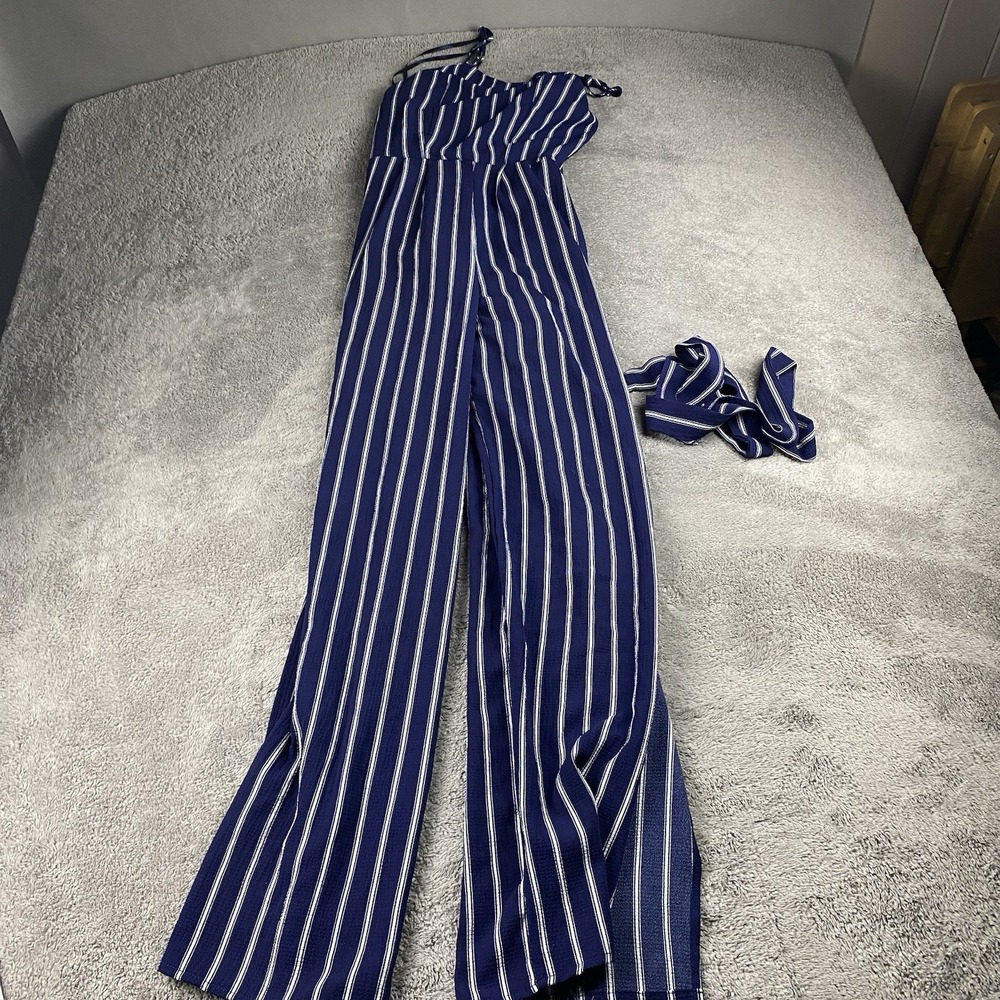 Monteau Los Angeles Jumpsuit Womens XS Striped Navy Blue Long Leg